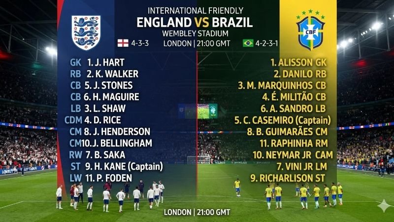 England National Football Team Vs Brazil National Football Team Lineups